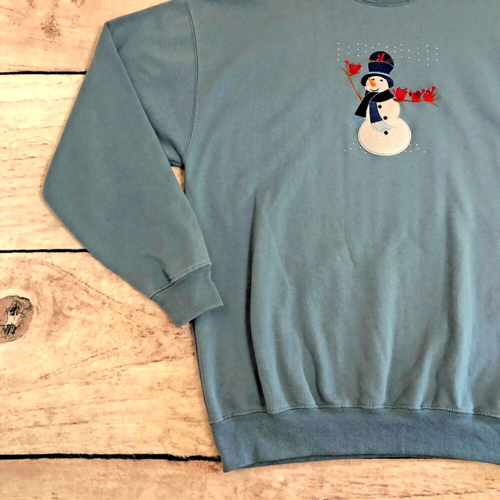 Vtg M&C Sportswear Christmas Sweatshirt L Glitter Snowman Red Cardinal Bird Cozy - Picture 4 of 10